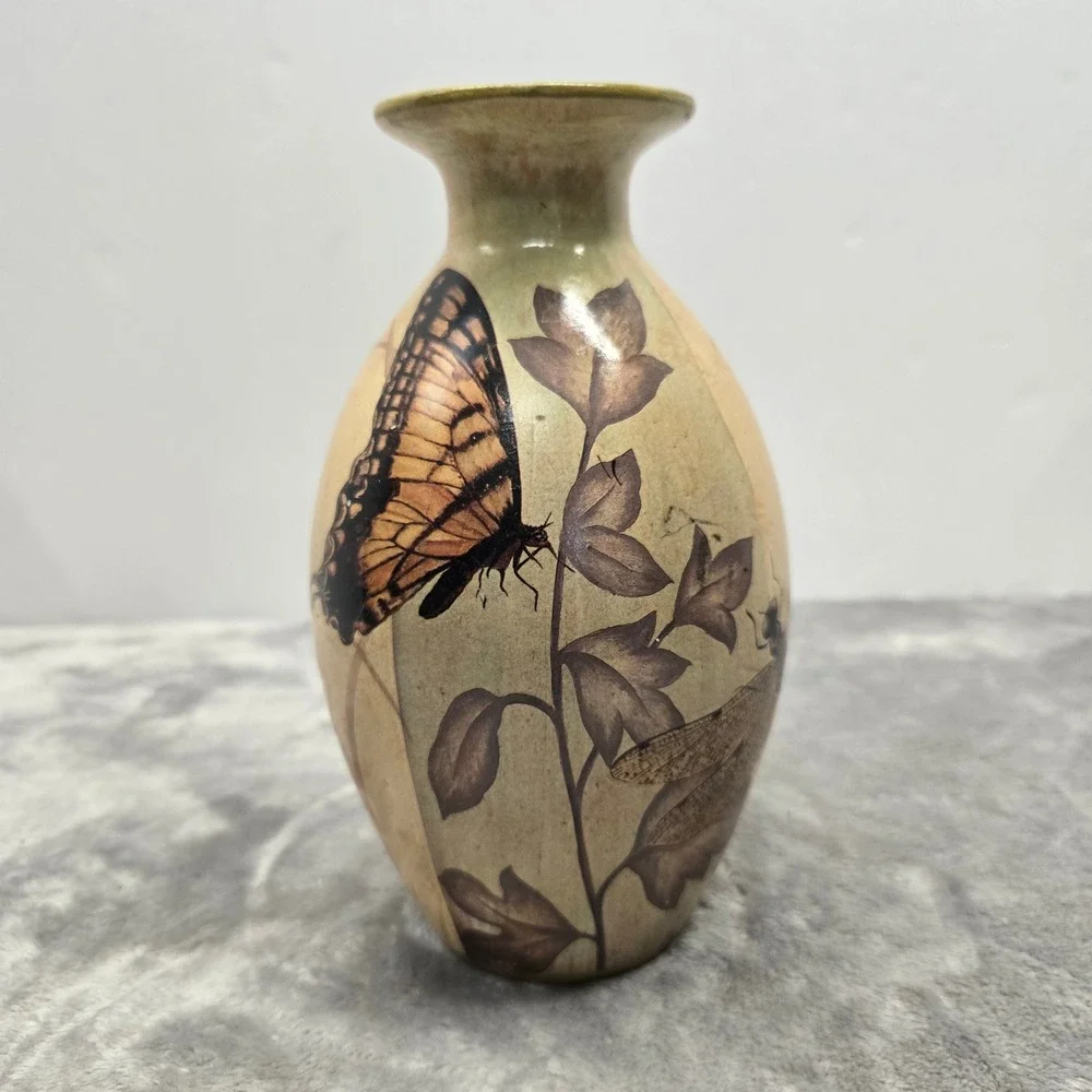 Decorative Butterfly and Dragonfly‎ Ceramic Bud Vase Earthy Botanical 7.25 inch